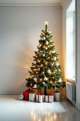 Minimalist white interior, decorated Christmas tree , new year mockup, holiday background