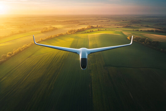 Aerial view of a fixed-wing aircraft drone, soaring above vibrant green fields at sunset. Captivating flight and golden hour lighting.