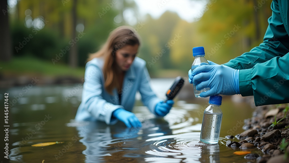 Poster field researcher collecting water source testing samples from urban river bank using sterilized bott