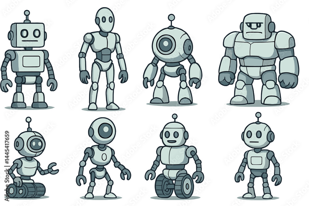 Poster various robot icons showcasing different designs and styles in a simple vector illustration format