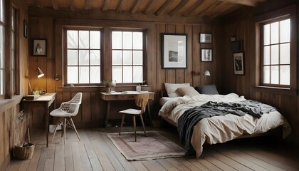 Cozy Rustic Bedroom Interior with Wooden Walls and Large Windows