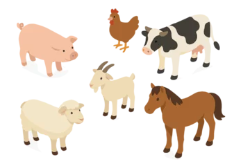 Vector icon featuring various farm animals including a pig, chicken, cow, goat, sheep, and horse in a playful design