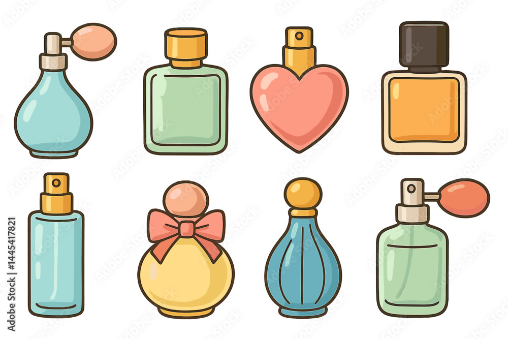 Poster collection of colorful vector perfume bottles in various shapes and sizes designed for graphic proje