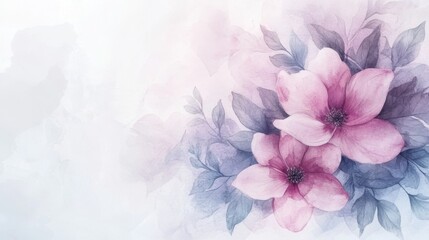 Fototapeta premium pink clematis frame background for Birthday and wedding cards with copy space. watercolor drawing of flowers. Festive flower concept with space for text. pastel wallpaper. Floral banner, greeting card