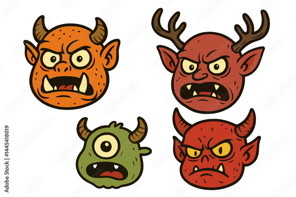 Poster creative vector icons featuring four unique monster head designs in vibrant colors and distinct expr