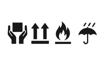 Vector icon set featuring hands holding a box, arrows pointing up, fire symbol, and umbrella graphic