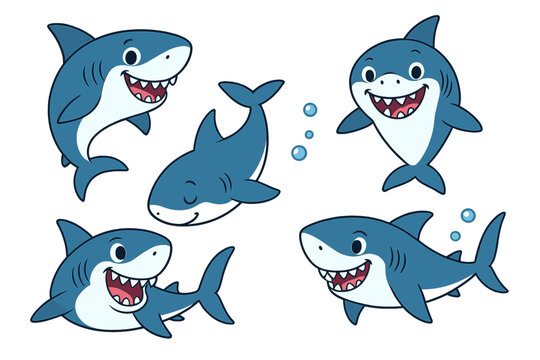 Vector icons of playful sharks depicting various expressions and activities in an underwater environment