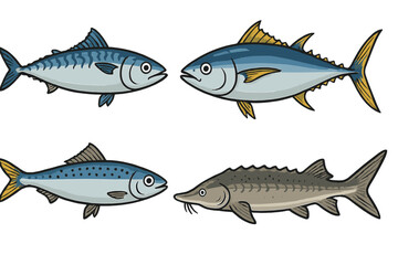 Collection of vector icons featuring different types of fish in a simple, colorful design for educational or graphic design purposes