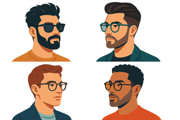 Diverse vector icons of young men wearing glasses in various styles and expressions suitable for modern design projects