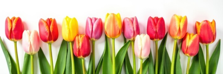 Fototapeta premium Cheerful tulip arrangement, various shades, clean white setting, vibrant, bouquet, orange