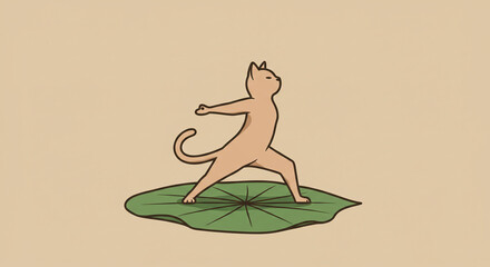 Cat yoga warrior pose on lily pad zen cartoon illustration wellness fitness animal pet feline exercise
