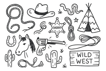 Vector icon depicting various Wild West elements such as a sheriff badge, gun, horse, and cacti in a playful design for themed projects