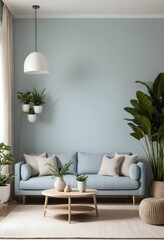 Cozy Living Room Interior with Light Blue Sofa and Plants