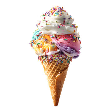 ice cream cone with colorful scoops with sugar sprinkles on transparent background