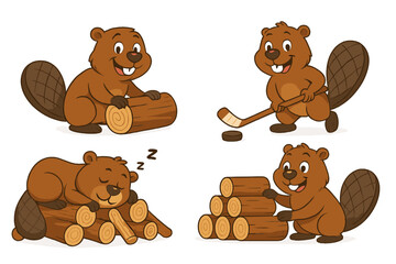 Cute vector icon of playful beavers engaged in wood activities and hockey © icon_art
