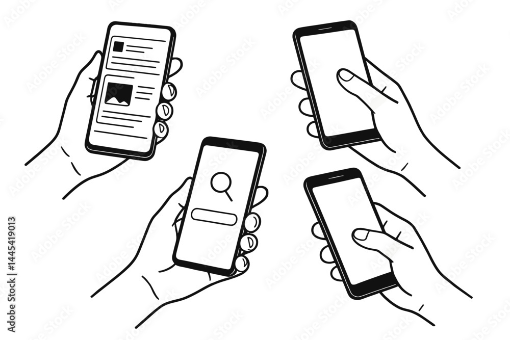 Poster four hands holding smartphones displaying different activities in a vector design for digital conten