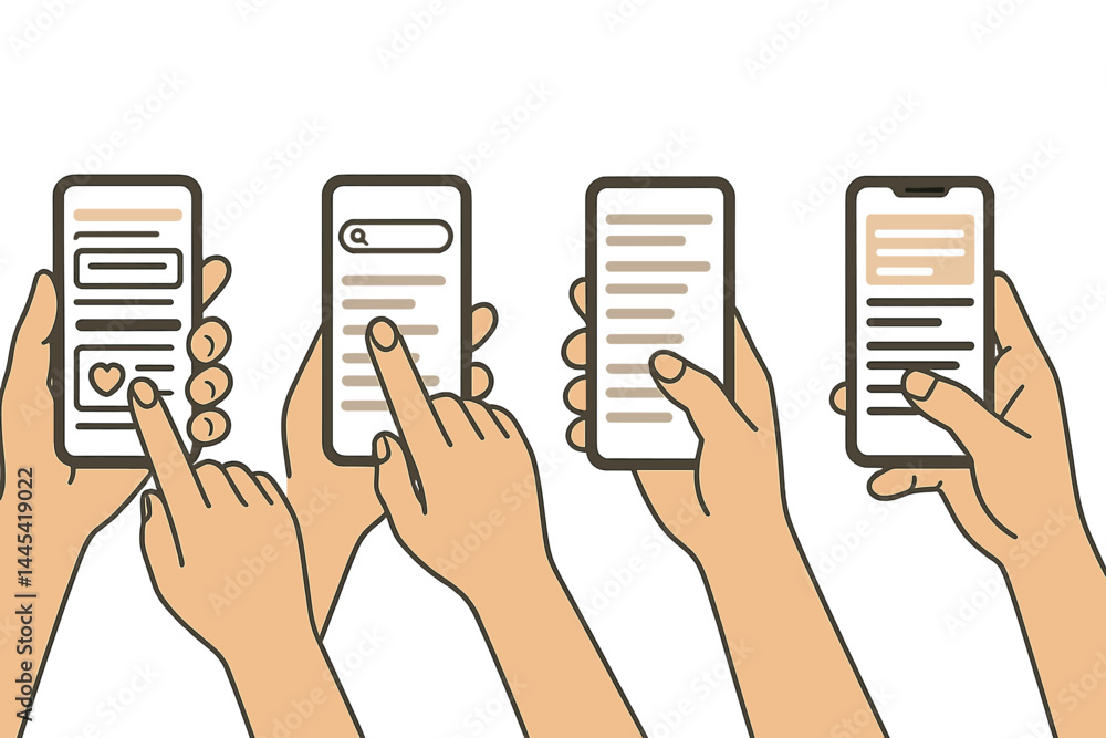 Poster touch gestures on mobile screens showcasing various interactions with applications and content