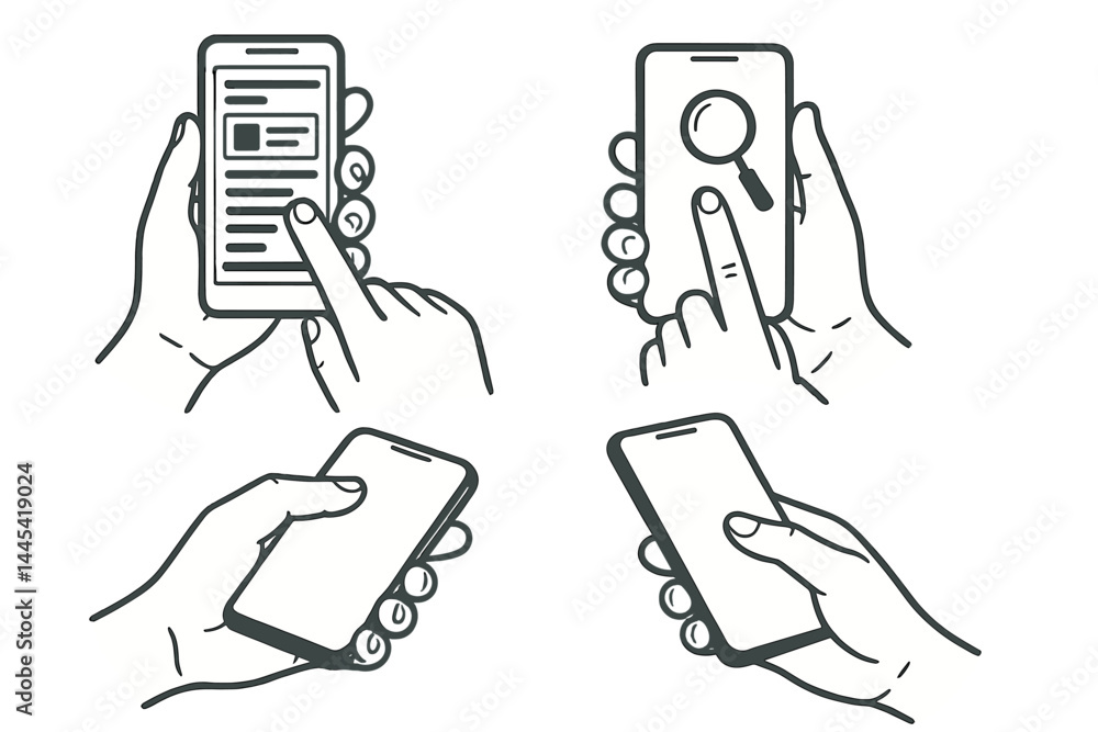 Poster vector icon illustrating various smartphone actions including scrolling, searching, and typing with 