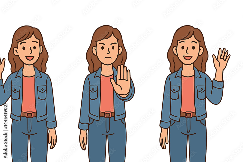 Poster illustration of a woman displaying different hand gestures in a vector style suitable for communicat