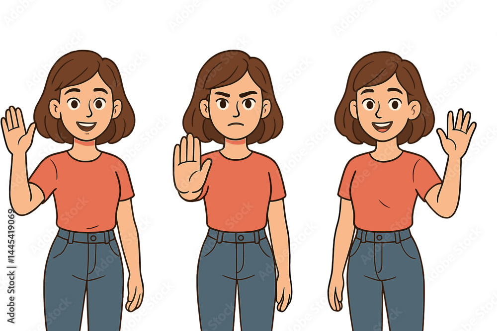 Poster vector icon of a woman expressing different emotions with hand gestures in a simple and colorful des