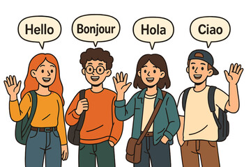 Four young people greeting in different languages with cheerful expressions and backpacks on their shoulders © icon_art