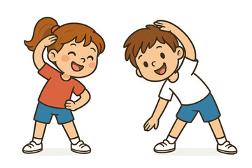 Kids enjoying outdoor exercise with fun stretching activities in bright, cheerful clothing during a sunny day