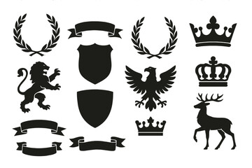 Various vector icons of heraldic symbols featuring crowns, animals, and decorative elements
