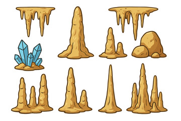 Collection of vector cave formations including stalactites, stalagmites, and crystals in various styles and shapes