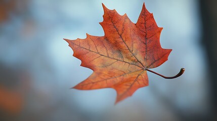 Vibrant autumn leaf close up displaying detailed veins against a blurred background