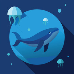 A cute cartoon shark and dolphin, marine animals in the blue ocean water with bubbles