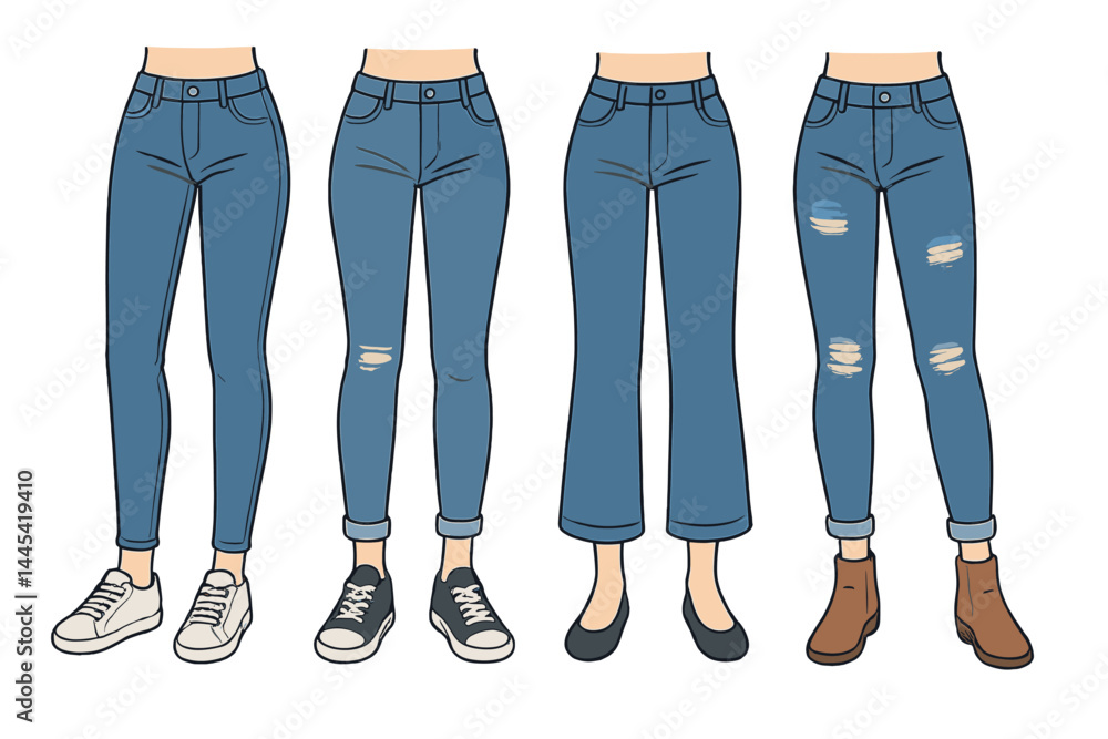 Poster various styles of denim pants displayed in a vector icon format showcasing different fits and design