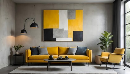 Modern Yellow Sofa and Armchair in Contemporary Living Room