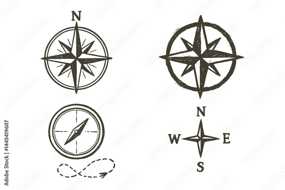 Poster vector icon set featuring various styles of compasses for navigation and orientation purposes