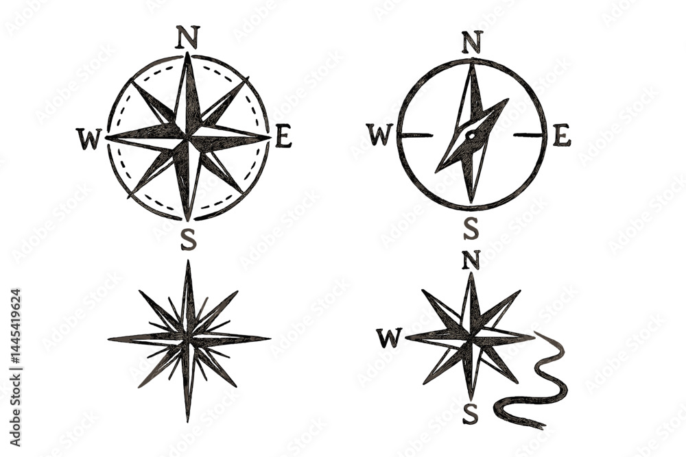 Poster vector icons of various compass designs illustrating navigation and direction concepts