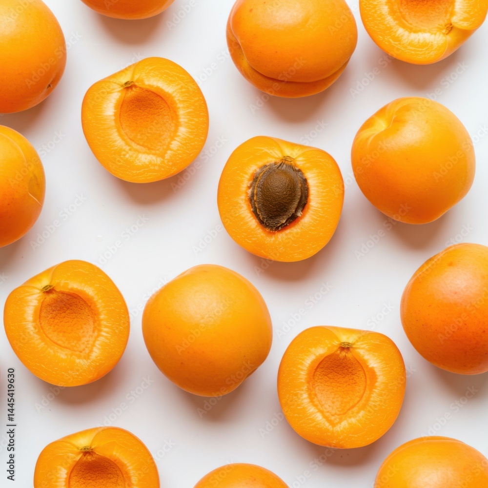 Poster a top down view of several whole and halved apricots arranged on a plain white surface in a pattern