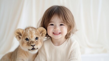 Adorable toddler girl with a lion cub