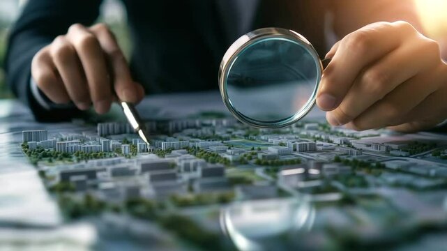 Close-up shot of urban planner using magnifying glass on a land development map. Looking for prime locations for a new residential project, with notes on future real estate investm