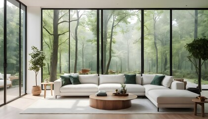 Fototapeta premium Modern Sectional Sofa in Minimalist Living Room with Forest View