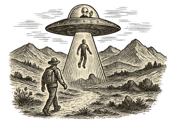 UFO encounter with alien abduction taking place in a mountainous area during daylight © icon_art