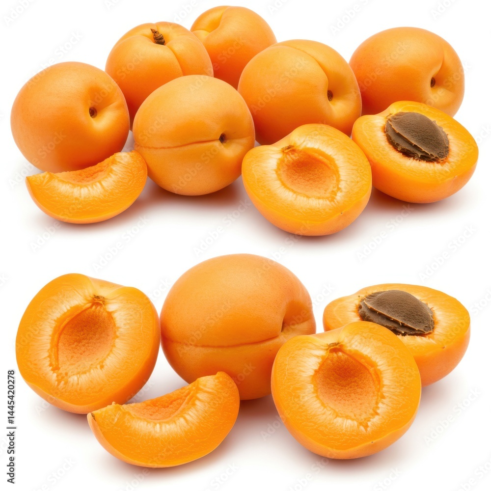 Poster a group of apricots with some cut in half and a slice on a white background in a studio shot