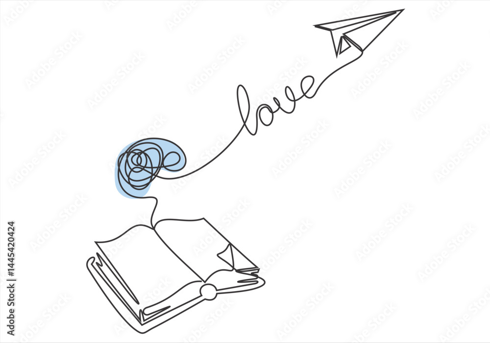 Aufkleber continuous one line drawing of open book with flying paper plane. vector illustration on white backg