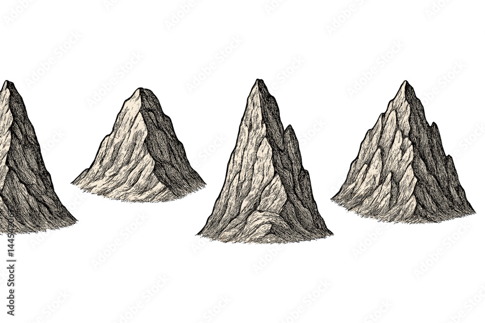 Poster multiple vector icons depicting jagged mountain peaks in a minimalist style suitable for various des