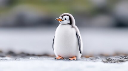 Obraz premium Cute baby penguin chick stands on the snow in its natural Antarctic habitat during daytime.
