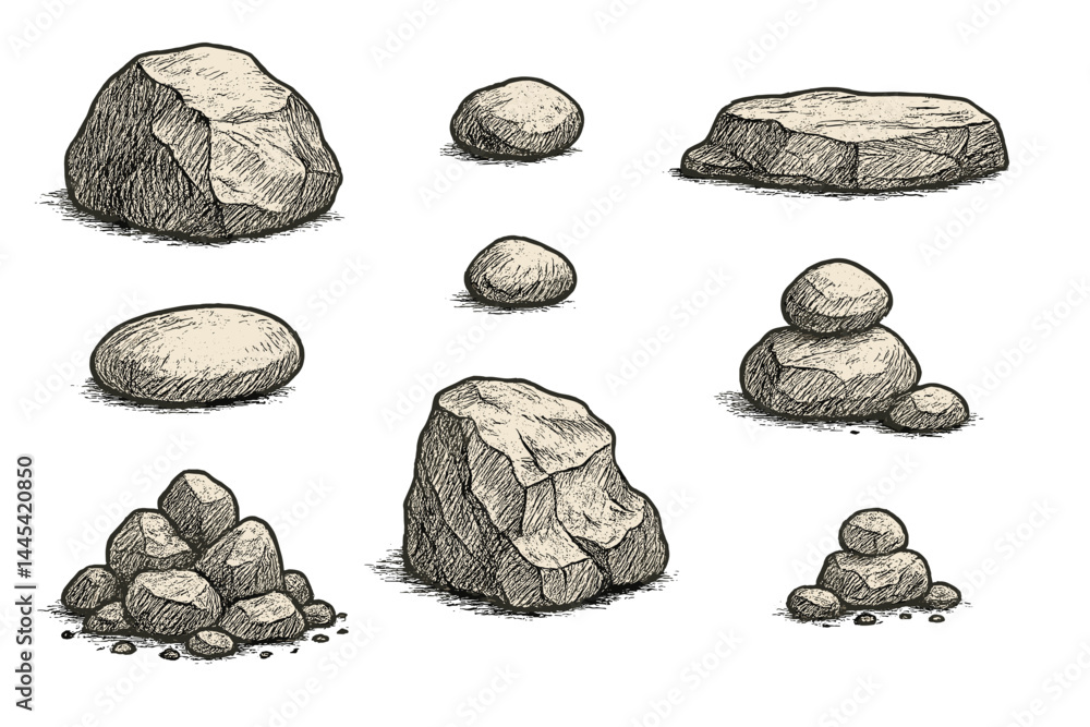 Poster various vector icons depicting different types and sizes of rocks and stones in a detailed sketch st