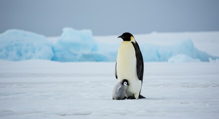 Obraz premium Emperor Penguin Protecting Chick - An adult emperor penguin stands protectively over its small chick on a snowy Antarctic landscape