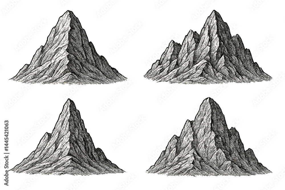 Poster artistic vector icon collection of mountain peaks in various styles and angles showcasing rugged ter