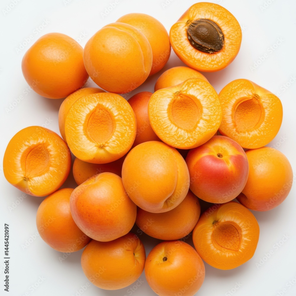 Poster a group of whole and halved apricots with pits visible on a white surface in a close up shot