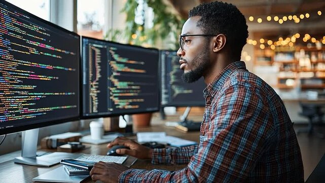 Focused developer working on code on multiple screens.