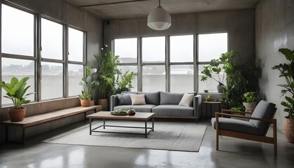 Fototapeta premium Modern Living Room with Greenery and Industrial Design