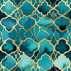 Teal and Gold Watercolor Geometric Pattern